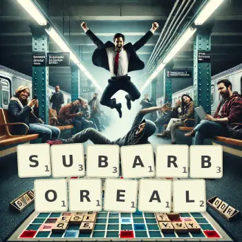 Creative illustration for a Scrabble game with the word SUBARBOREAL spelled out in tiles on the board.