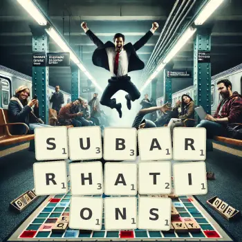 Creative illustration for a Scrabble game with the word SUBARRHATIONS spelled out in tiles on the board.