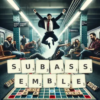 Creative illustration for a Scrabble game with the word SUBASSEMBLE spelled out in tiles on the board.