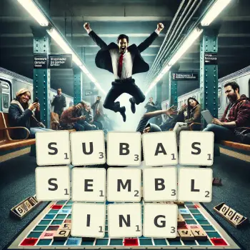 Creative illustration for a Scrabble game with the word SUBASSEMBLING spelled out in tiles on the board.