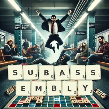 Creative illustration for a Scrabble game with the word SUBASSEMBLY spelled out in tiles on the board.