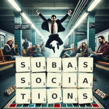 Creative illustration for a Scrabble game with the word SUBASSOCIATIONS spelled out in tiles on the board.