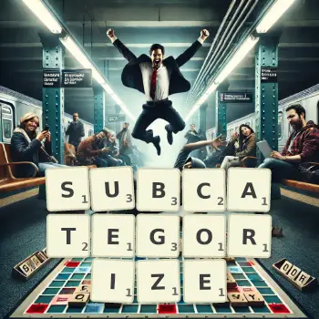 Creative illustration for a Scrabble game with the word SUBCATEGORIZE spelled out in tiles on the board.