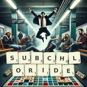 Creative illustration for a Scrabble game with the word SUBCHLORIDE spelled out in tiles on the board.