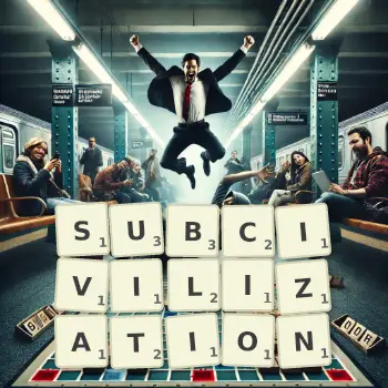 Creative illustration for a Scrabble game with the word SUBCIVILIZATION spelled out in tiles on the board.