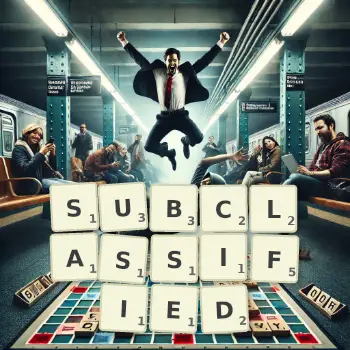 Creative illustration for a Scrabble game with the word SUBCLASSIFIED spelled out in tiles on the board.