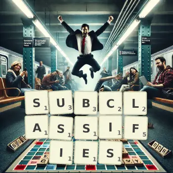 Creative illustration for a Scrabble game with the word SUBCLASSIFIES spelled out in tiles on the board.