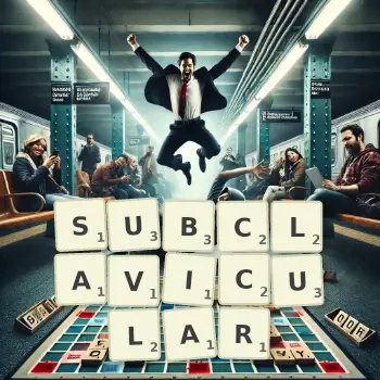 Creative illustration for a Scrabble game with the word SUBCLAVICULAR spelled out in tiles on the board.