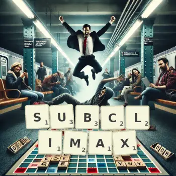 Creative illustration for a Scrabble game with the word SUBCLIMAX spelled out in tiles on the board.