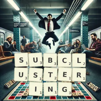 Creative illustration for a Scrabble game with the word SUBCLUSTERING spelled out in tiles on the board.