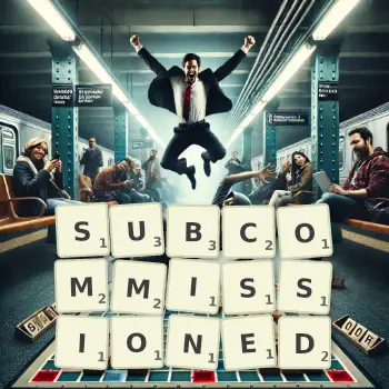 Creative illustration for a Scrabble game with the word SUBCOMMISSIONED spelled out in tiles on the board.
