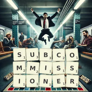 Creative illustration for a Scrabble game with the word SUBCOMMISSIONER spelled out in tiles on the board.