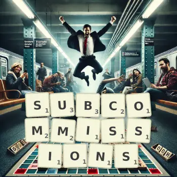 Creative illustration for a Scrabble game with the word SUBCOMMISSIONS spelled out in tiles on the board.