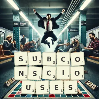 Creative illustration for a Scrabble game with the word SUBCONSCIOUSES spelled out in tiles on the board.