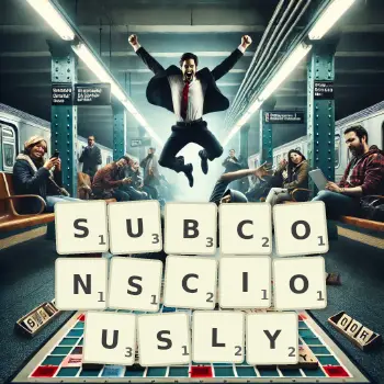 Creative illustration for a Scrabble game with the word SUBCONSCIOUSLY spelled out in tiles on the board.