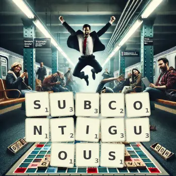Creative illustration for a Scrabble game with the word SUBCONTIGUOUS spelled out in tiles on the board.