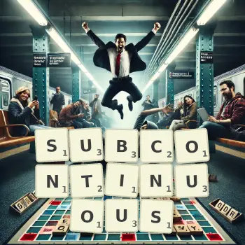 Creative illustration for a Scrabble game with the word SUBCONTINUOUS spelled out in tiles on the board.