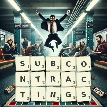 Creative illustration for a Scrabble game with the word SUBCONTRACTINGS spelled out in tiles on the board.