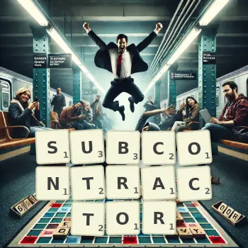 Creative illustration for a Scrabble game with the word SUBCONTRACTOR spelled out in tiles on the board.