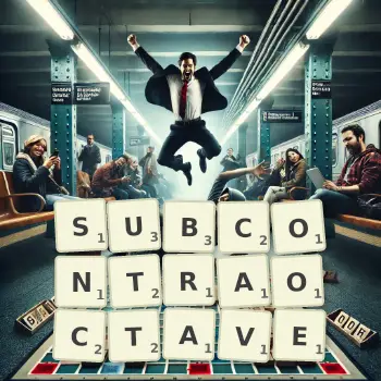 Creative illustration for a Scrabble game with the word SUBCONTRAOCTAVE spelled out in tiles on the board.