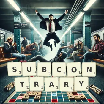 Creative illustration for a Scrabble game with the word SUBCONTRARY spelled out in tiles on the board.