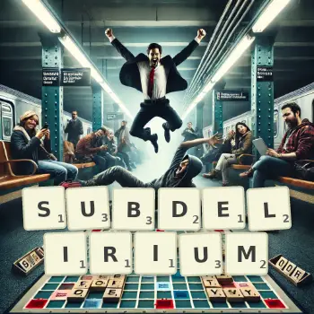 Creative illustration for a Scrabble game with the word SUBDELIRIUM spelled out in tiles on the board.