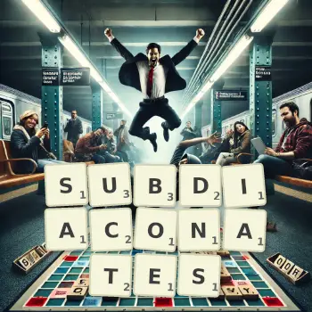 Creative illustration for a Scrabble game with the word SUBDIACONATES spelled out in tiles on the board.