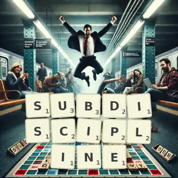 Creative illustration for a Scrabble game with the word SUBDISCIPLINE spelled out in tiles on the board.