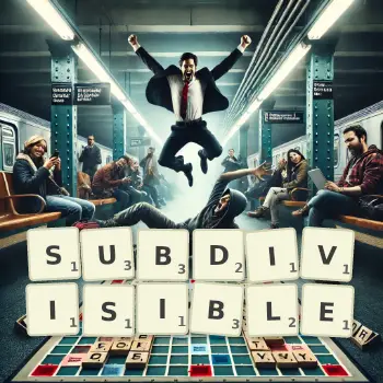 Creative illustration for a Scrabble game with the word SUBDIVISIBLE spelled out in tiles on the board.