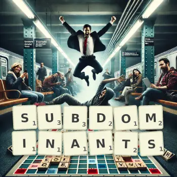 Creative illustration for a Scrabble game with the word SUBDOMINANTS spelled out in tiles on the board.