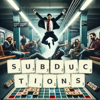 Creative illustration for a Scrabble game with the word SUBDUCTIONS spelled out in tiles on the board.