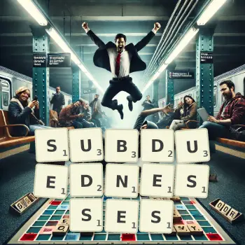 Creative illustration for a Scrabble game with the word SUBDUEDNESSES spelled out in tiles on the board.