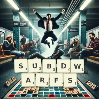 Creative illustration for a Scrabble game with the word SUBDWARFS spelled out in tiles on the board.