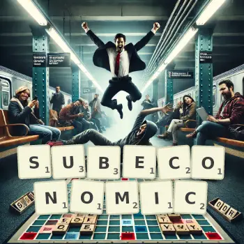 Creative illustration for a Scrabble game with the word SUBECONOMIC spelled out in tiles on the board.