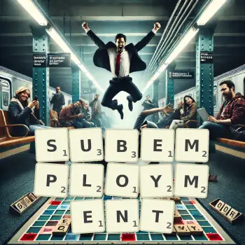 Creative illustration for a Scrabble game with the word SUBEMPLOYMENT spelled out in tiles on the board.
