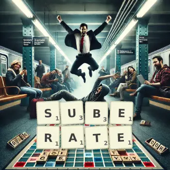Creative illustration for a Scrabble game with the word SUBERATE spelled out in tiles on the board.