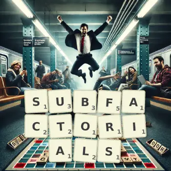 Creative illustration for a Scrabble game with the word SUBFACTORIALS spelled out in tiles on the board.