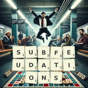 Creative illustration for a Scrabble game with the word SUBFEUDATIONS spelled out in tiles on the board.