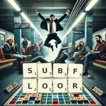 Creative illustration for a Scrabble game with the word SUBFLOOR spelled out in tiles on the board.