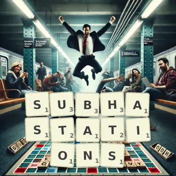 Creative illustration for a Scrabble game with the word SUBHASTATIONS spelled out in tiles on the board.