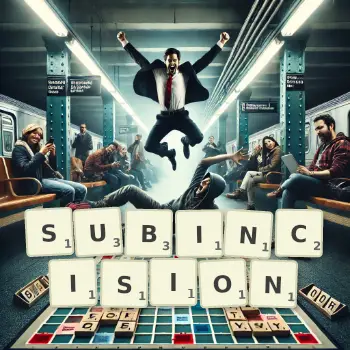 Creative illustration for a Scrabble game with the word SUBINCISION spelled out in tiles on the board.