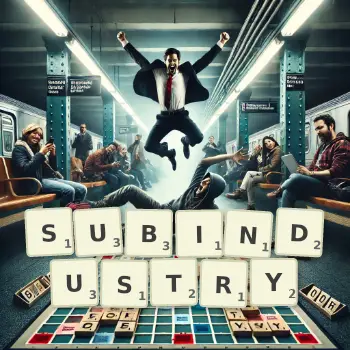 Creative illustration for a Scrabble game with the word SUBINDUSTRY spelled out in tiles on the board.
