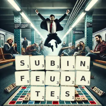 Creative illustration for a Scrabble game with the word SUBINFEUDATES spelled out in tiles on the board.