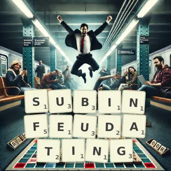 Creative illustration for a Scrabble game with the word SUBINFEUDATING spelled out in tiles on the board.