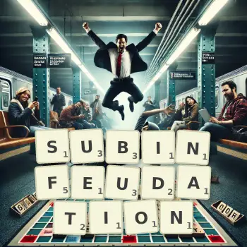 Creative illustration for a Scrabble game with the word SUBINFEUDATION spelled out in tiles on the board.