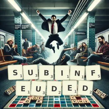 Creative illustration for a Scrabble game with the word SUBINFEUDED spelled out in tiles on the board.