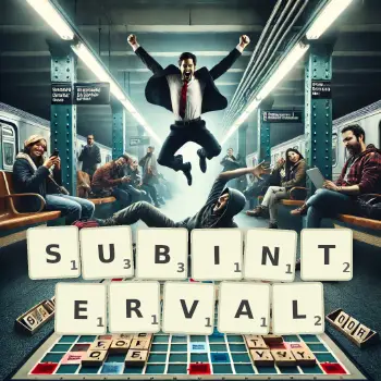 Creative illustration for a Scrabble game with the word SUBINTERVAL spelled out in tiles on the board.
