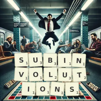 Creative illustration for a Scrabble game with the word SUBINVOLUTIONS spelled out in tiles on the board.