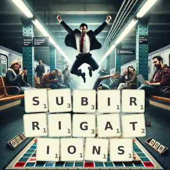 Creative illustration for a Scrabble game with the word SUBIRRIGATIONS spelled out in tiles on the board.