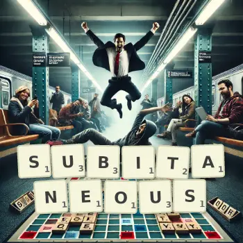 Creative illustration for a Scrabble game with the word SUBITANEOUS spelled out in tiles on the board.